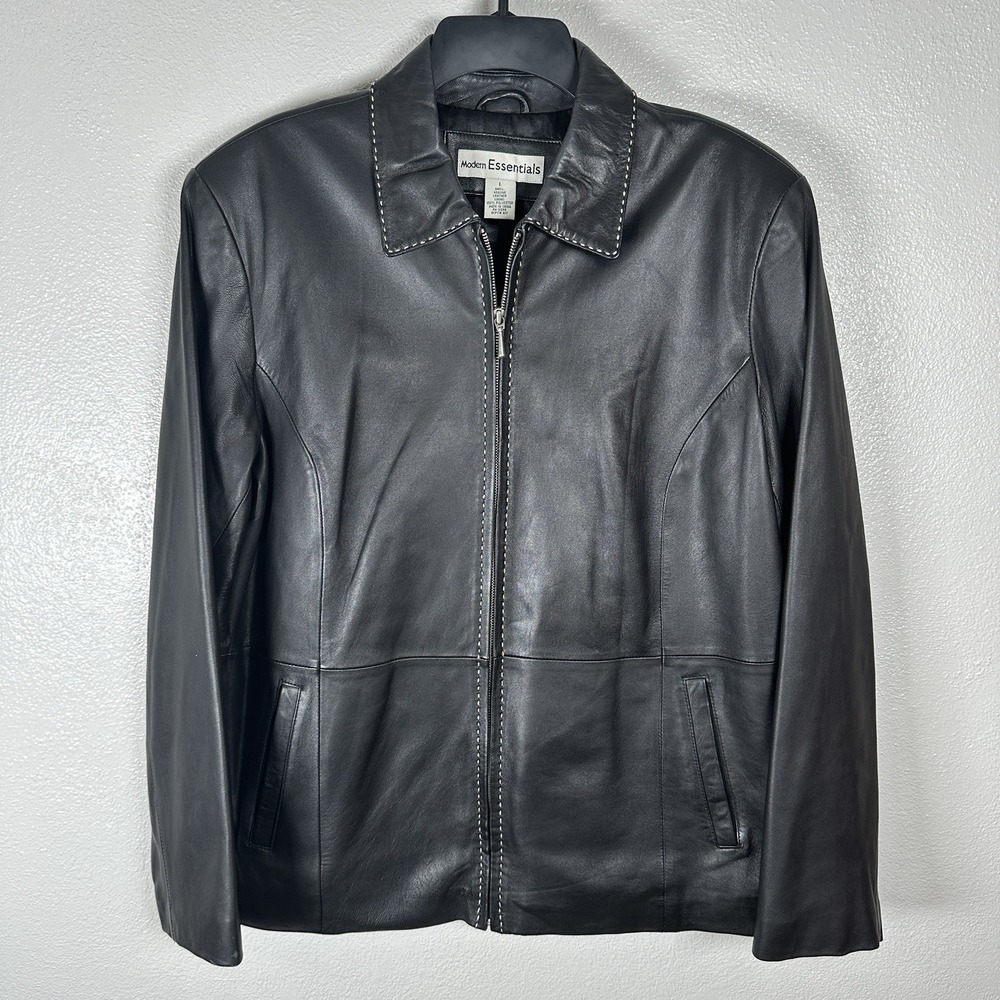 Modern Essentials Black Leather Jacket Womens Large Contrast Stitching 2000s Y2K